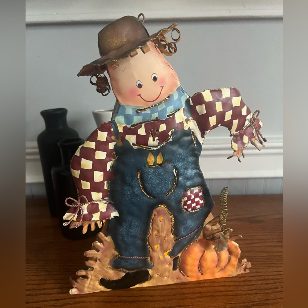 Charming Scarecrow Tin Figurine With Votive Holder.